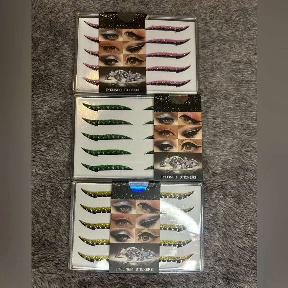 Glitter and Rhinestones Eyeliner Reusable Stickers Set - Pink, Green, Gold-NIB